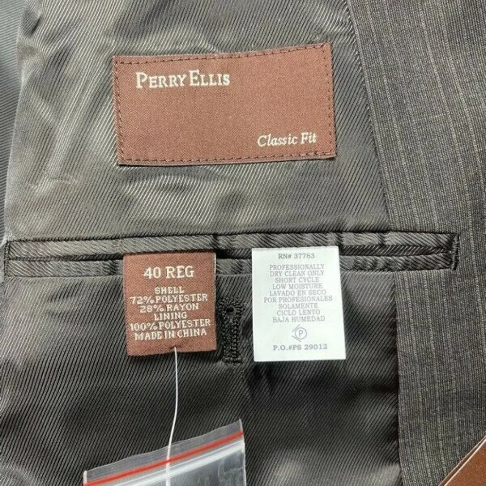 Perry Ellis Mens Two Button Blazer Dark Chocolate Pinstripe Classic Fit 40 R New
